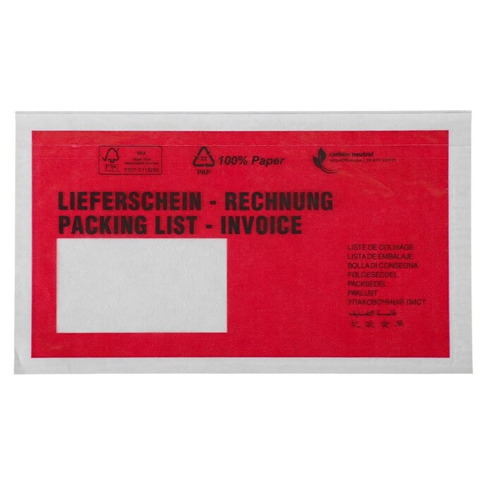 Evers-Begleitpapiertasche aus Papier mit rot bedruckter Vorderseite