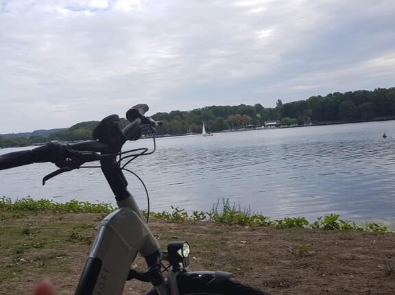 Fahrradlenker mit einem See im Hintergrund