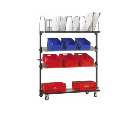 LogiCar mit vier Ablageböden, beladen mit roten, blauen und weißen Kisten